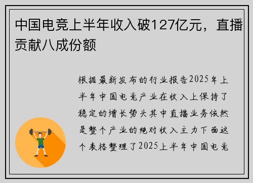 中国电竞上半年收入破127亿元，直播贡献八成份额
